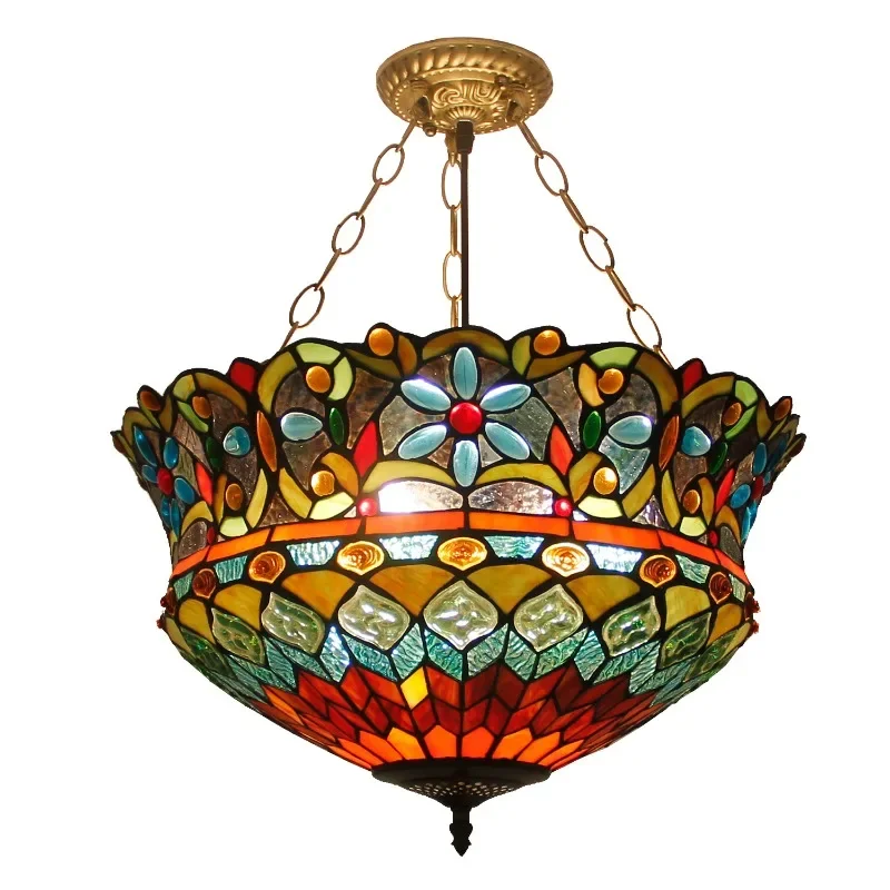 

40cm Tiffany Mediterranean Stained Glass Pendant Light Vintage Hanging Lamp for Dining Room Kitchen Light Fixture Home Art Decor