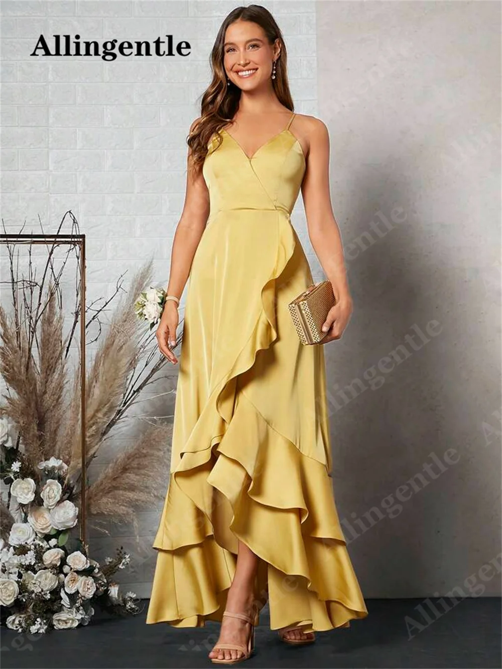 Allingentle Chic Fashion V-Neck Satin Bridesmaid Dresses 2024 A-line Ruffles Slit Party Prom Gown Floor Length vestidos de noche