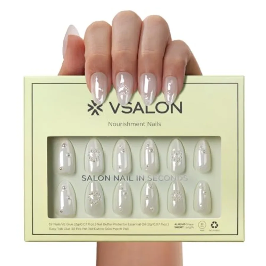 

PressOn Nails Короткий миндалевидный дизайн с белым жемчугом, хромированной глазурью, глянцевой отделкой с 3D деталями для женщин, многоразовый, долговечный, мягкий