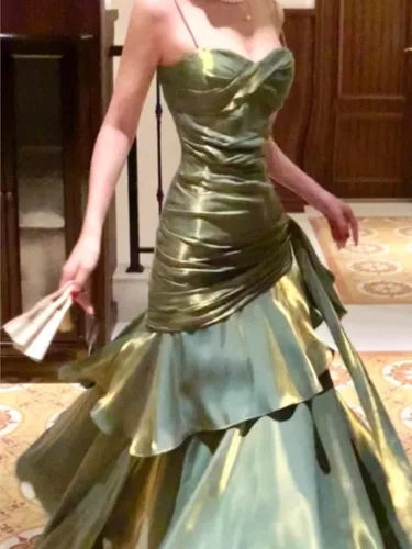 Imagen 1 del producto Novedad de verano para mujer, vestido largo elegante con volantes, vestido ligero de lujo con tirantes y cola de pez, vestido de fiesta Vintage para graduación y eventos