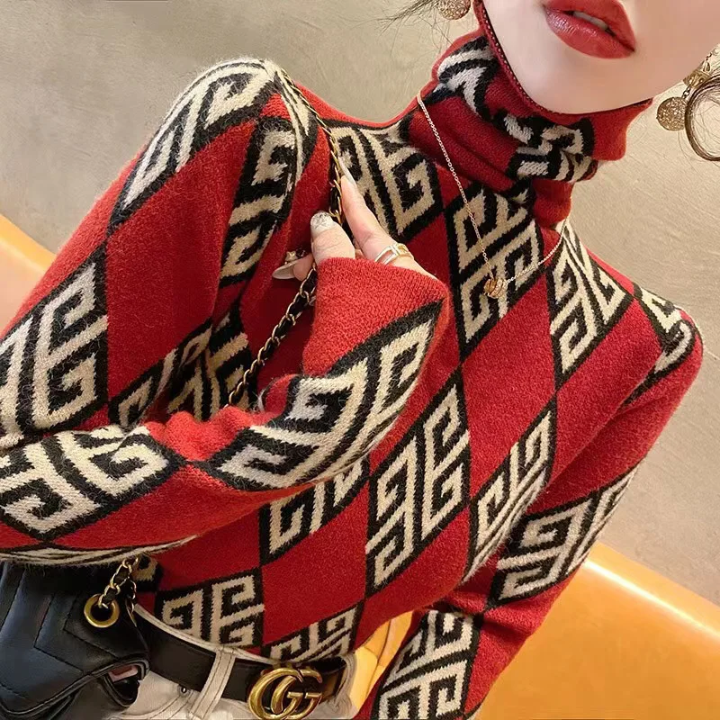 Women Clothing Slim Vintage Fashion Knitted Sweaters 2024 Spring Y2k Chic Casual Elasticity Turtleneck Knitwear Female Jumpers