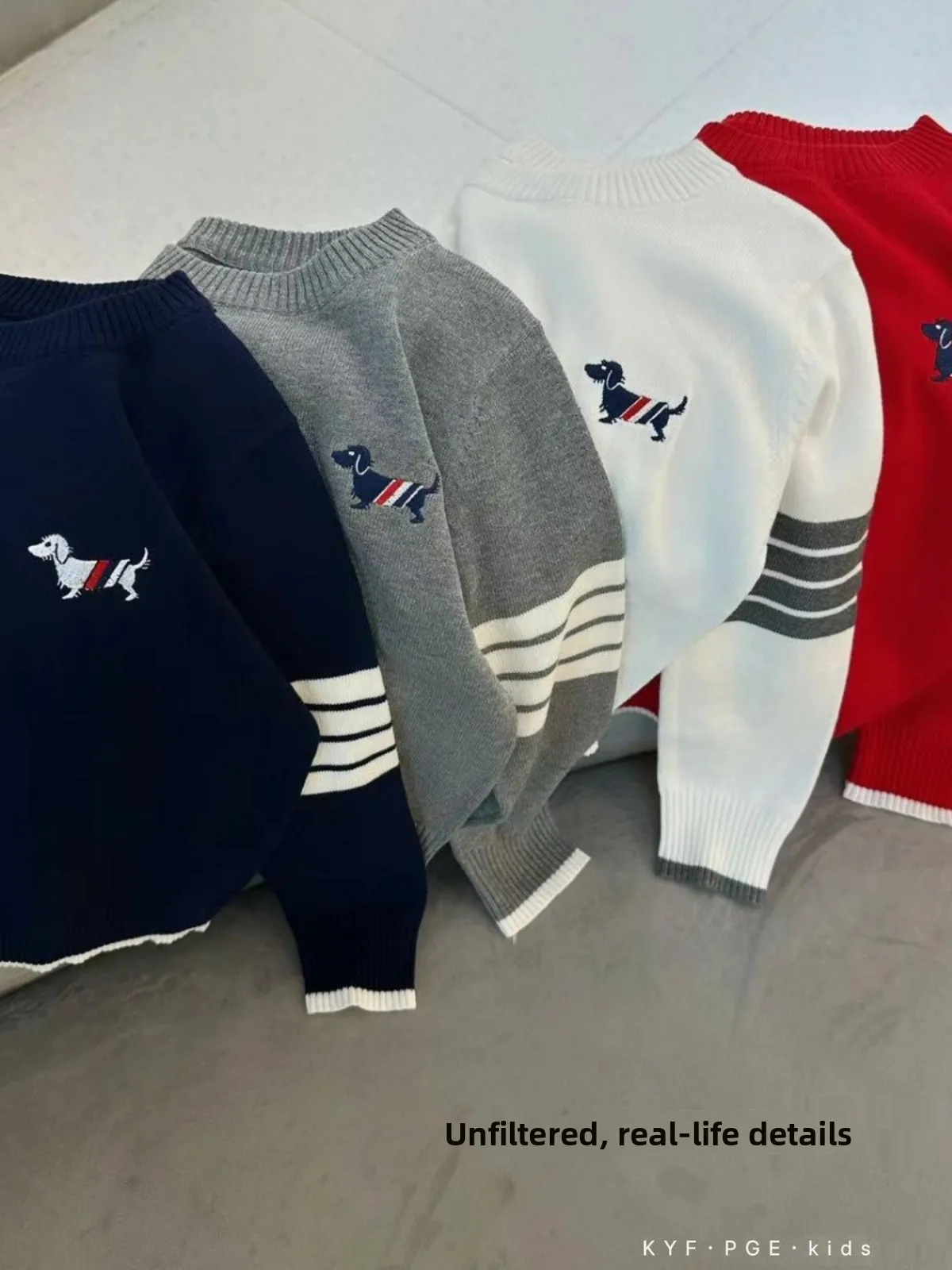 Children's College Style Knitwear Boys' Spring Autumn Trendy Brand Four Stripe Little Dog Knitted Sweater Baby round Neck Ove...