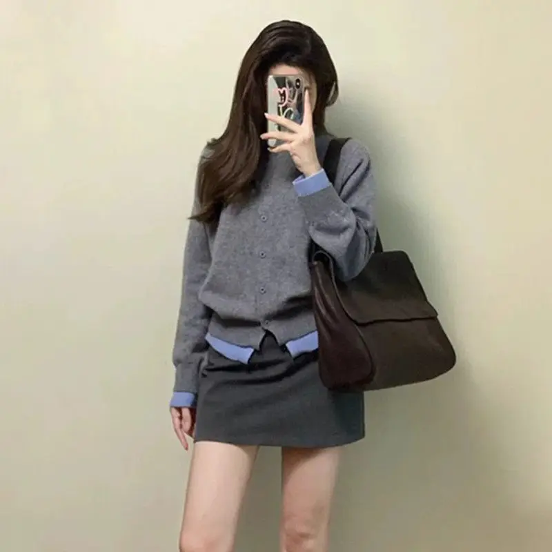 Women Autumn Fashion Patchwork Office Lady Solid Color O-neck Long Sleeve Knitwear Ladies Korean Casual Knitting Cardigan Coat