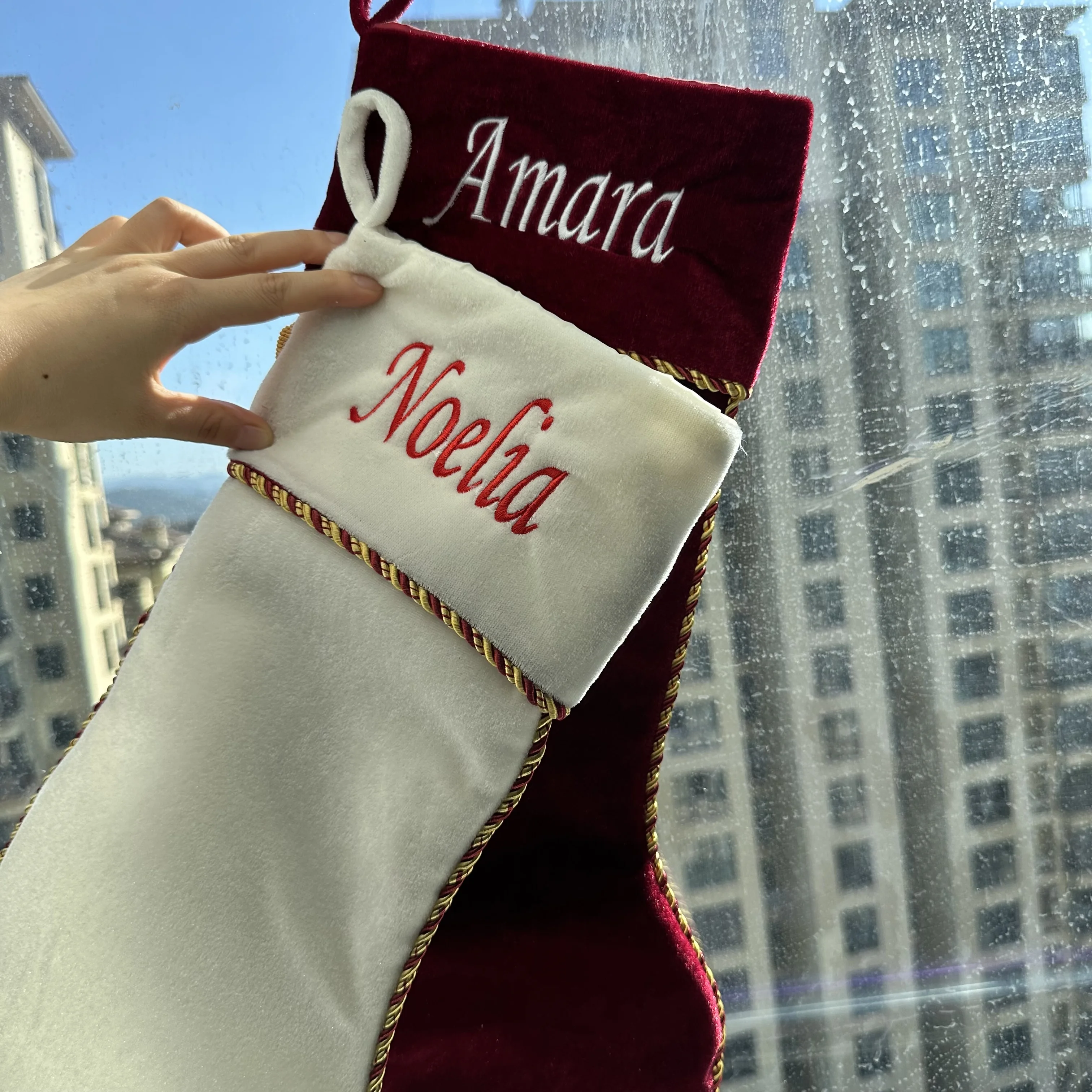 

Personalized Customization Of Red And White Velvet Christmas Socks, Tassel Decoration, Gift Bags, Christmas Tree Decorations