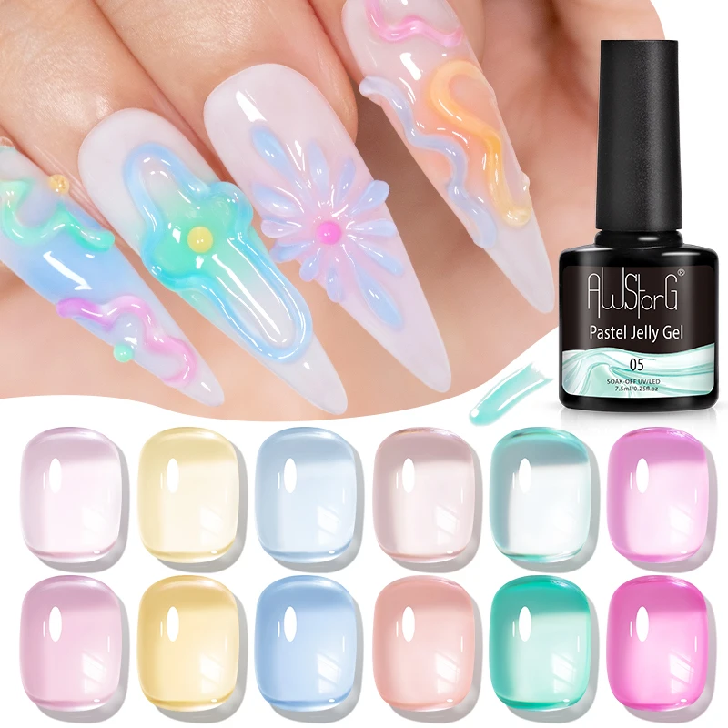 AWStorG ชุดยาทาเล็บเจลลี่สีพาสเทล 6 ชิ้น/ชุด ขนาด 7.5 มล. ยาทาเล็บเจลลี่ใสแบบโปร่งแสง ล้างออกได้ด้วยการแช่ ยาทาเล็บเจลลี่แบบกึ่งถาวรสำหรับตกแต่งเล็บ