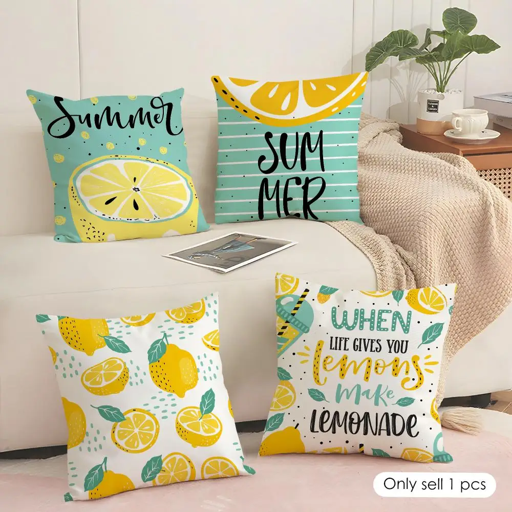 Lemon Summer Botanical Art Cushion Cover Soft Short Plush Pillow Cover Smooth Cozy Texture Aesthetic Cushion Case Home Decor