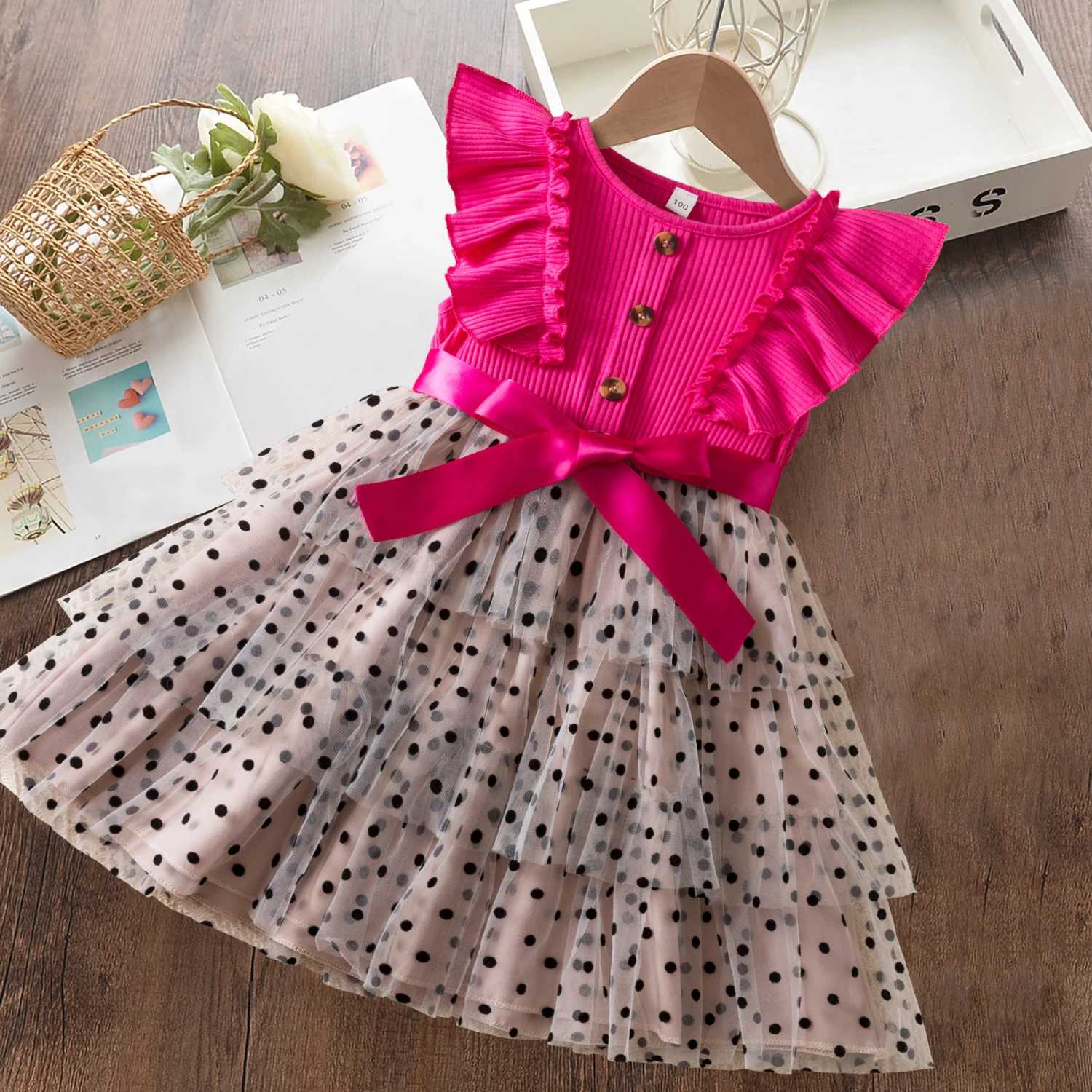 Summer Cute Girls Polka Dots Princess Dress Kids Birthday Party Tulle Tutu Vestidos Cotton Round Neck Causal Children Clothing