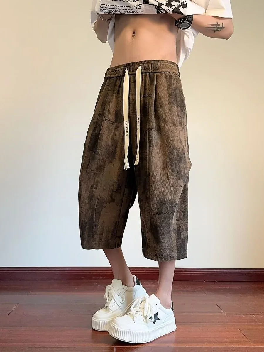 American Dyed Print Casual Pants Men's Loose Straight Leg Seven Loose Sensation Summer New Style Comfortable Breathable Polye...