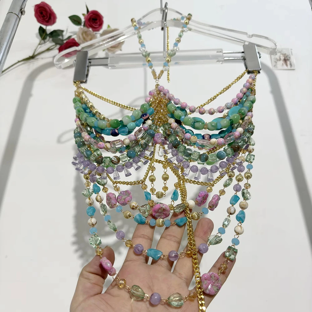Handgefertigte türkisfarbene Lavendel-Körperkette mit mehreren Steinen für Damen, rückenfreier Ausschnitt, Perlen-Bustier-Bikini, Tankini-Badebekleidung, Dessous
