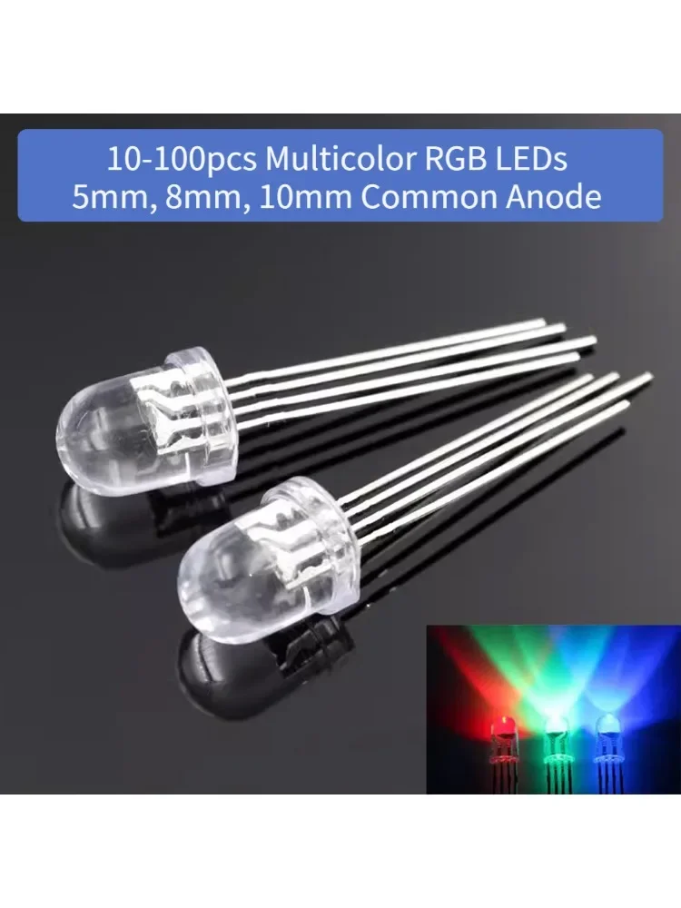 Diodes LED RGB multicolores, 5mm/8mm/10mm, Anode commune, Diode électroluminescente pour Circuit électronique Arduino, bricolage, 10/50/100 pièces