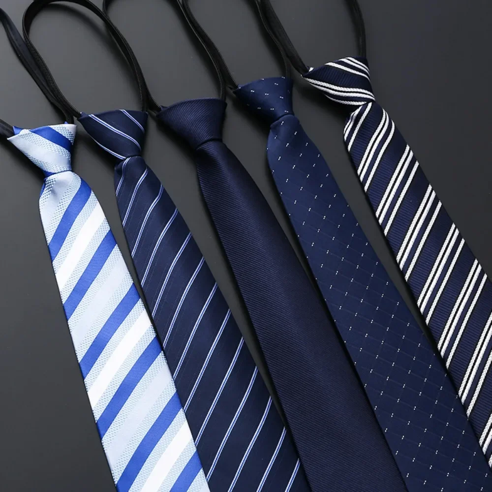 Men's Business Dress Zipper Neck Tie Elegant Gentleman Shirt Tie Groom Wedding Blue Stripe Black Lazy Ties Clothing Accessories