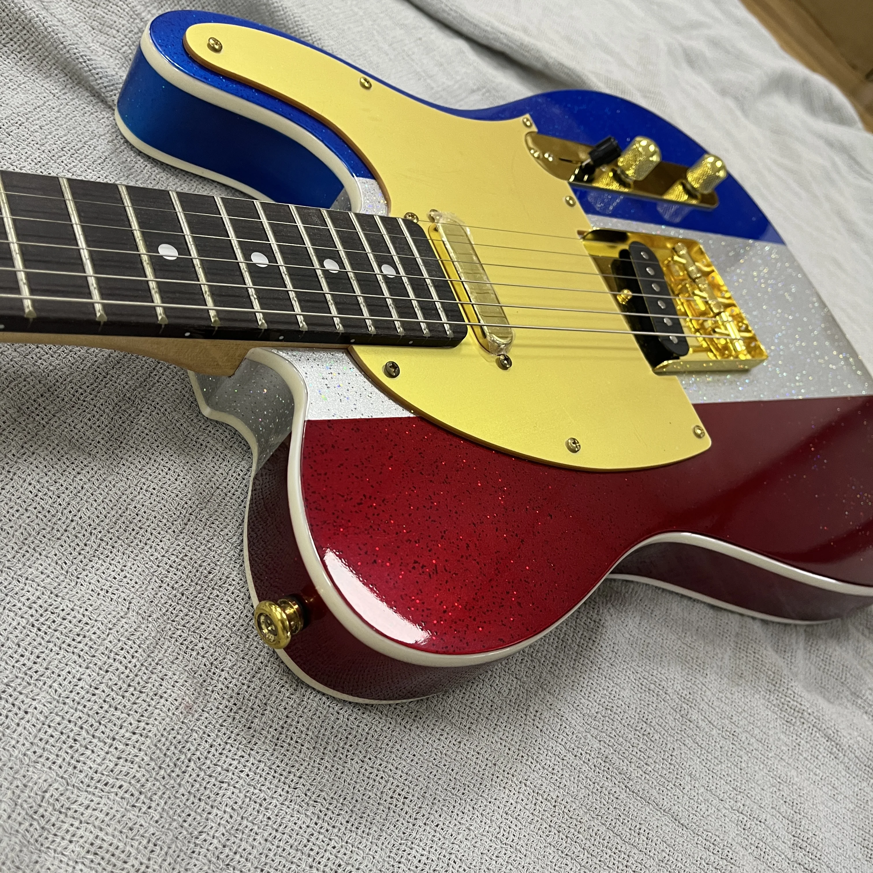 6-String Electric Guitar for Beginners Red-White-Blue Mahogany Body With Gold Control Cover Plate Rock Jazz Style