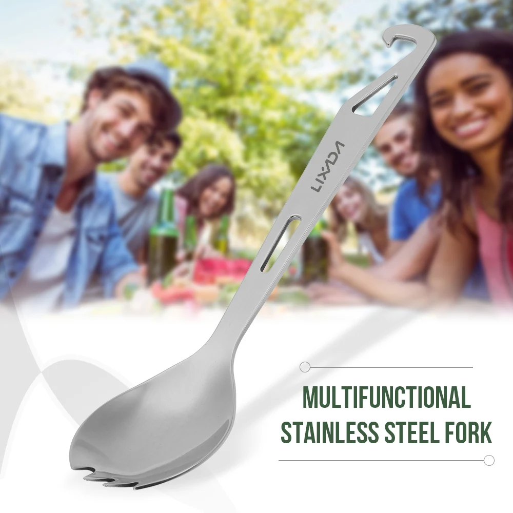 Lixada Stainless Steel Spork Long Handle Spork with Bottle Opener Lightweight Outdoor Dinner Spork Flatware for Travel Camping