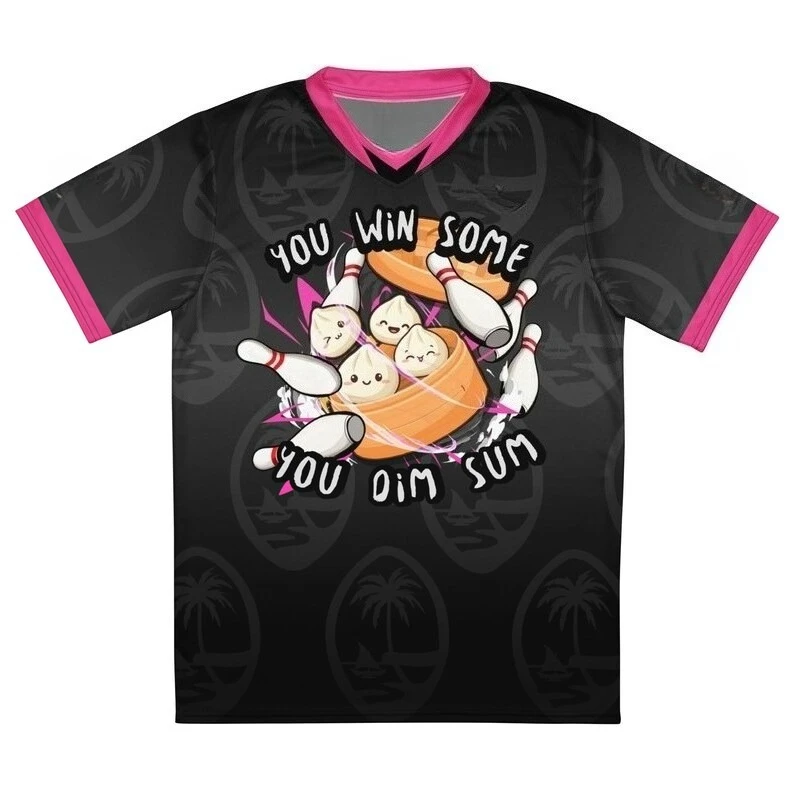 Men Black Palm Tree Background V Neck Bowling Jersey Cute Dim Sum Cartoon You Win Some You Dim Sum Text Print Sports Tee