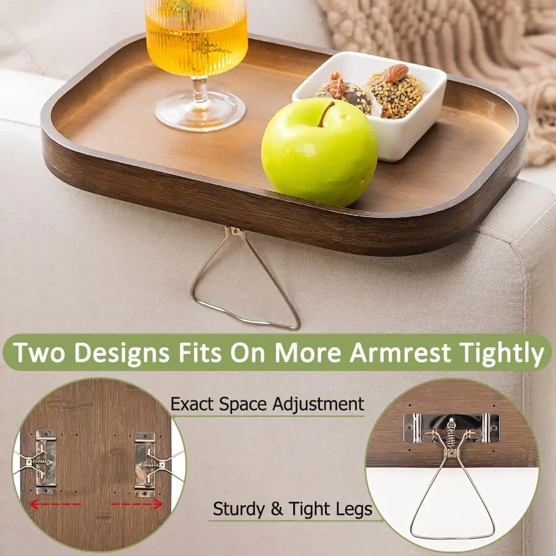 Couch Arm Table Bamboo Sofa Armrest Tray Table Clip Double Hinge Couch Arm Tray Clip on Side Table for Home