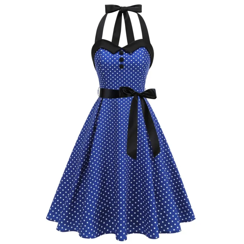 

Sexy Polka Dot Print Dress Women Summer New Fashion Vintage Halter Neck Sleeveless Spaghetti Strap Elegant Lace Up Party Dresses