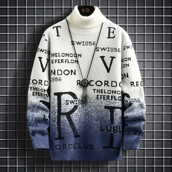 Erkek Kış Kalınlaşmak Polar Kazak Erkek Kore Rahat Ince Mektup Baskı Balıkçı Yaka Örme Kazak Açık Sıcak Kazak 5XL