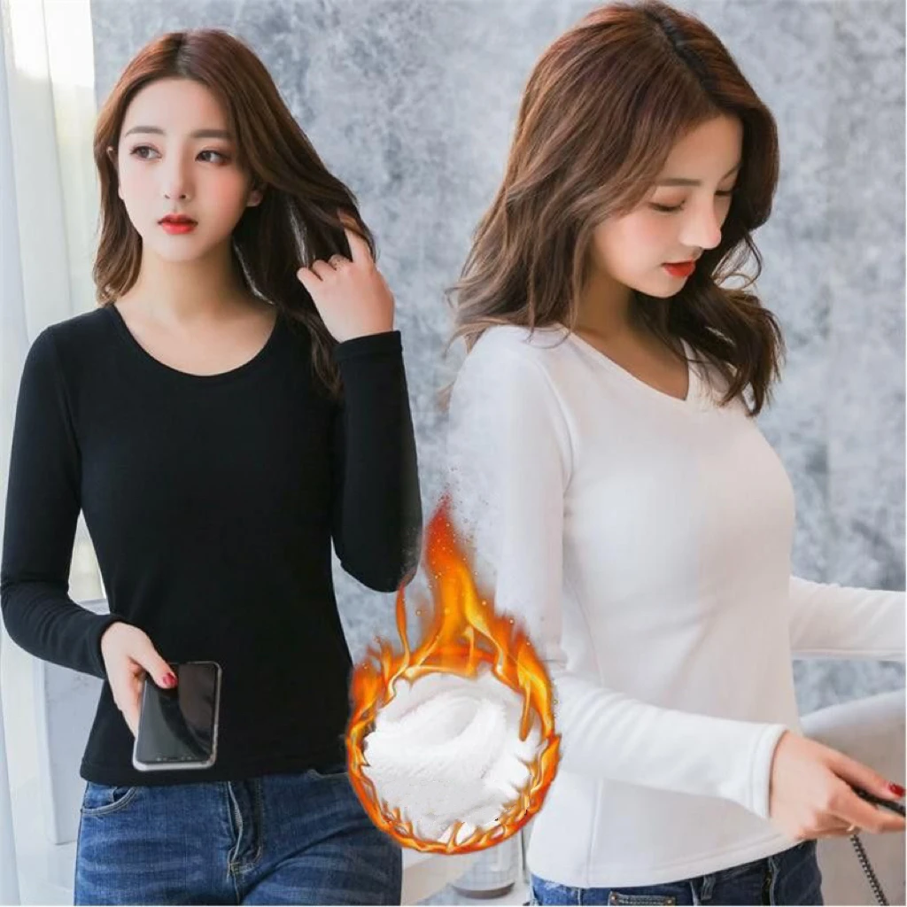 

1pcs Women Velvet Thermal UnderwearT-shirt Solid Color V-Neck TShirt Winter Warm Top Female Round Neck Long Sleeve Tee Pullover