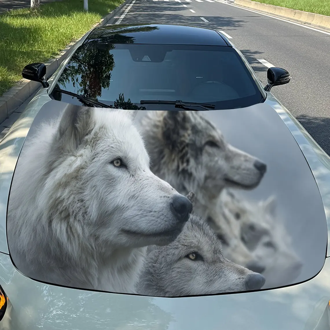 Graceful White Wolves Car Engine Hood Sticker, Auto Vinyl Wraps, Waterproof Self-adhesive Vehicle Decal, Durable & Anti-scratch