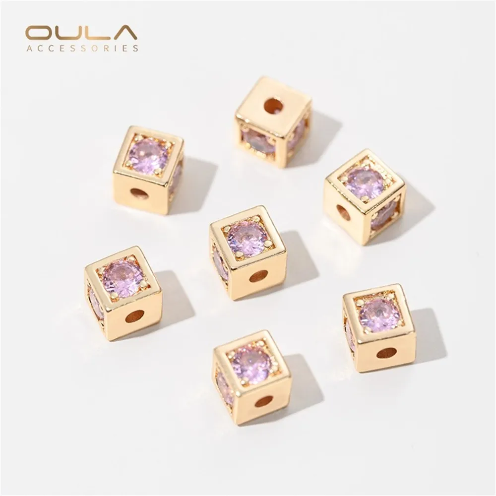 1pcs 14K Gold-plated Square Through-hole Beads, Four-sided Zircon Square Spacer Beads, Diy Beaded Hand Necklace Accessory