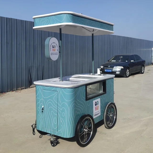 design front window display Blue Color Gelato Ice Cream Cart Push Cart For Outdoor Business with freezer