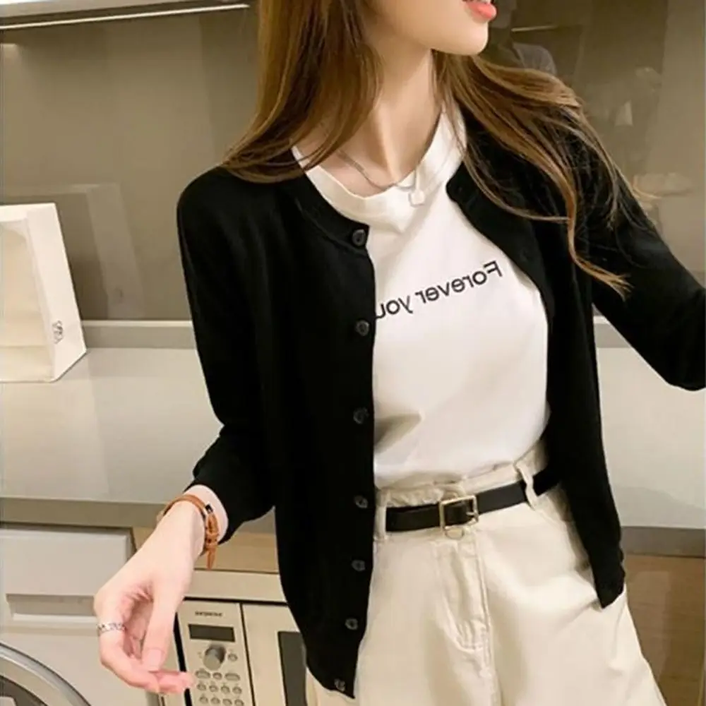Loose Fit Long Sleeve Knit Cardigan Solid Color O Neck Women Cardigan Single Breasted Knit Jacket