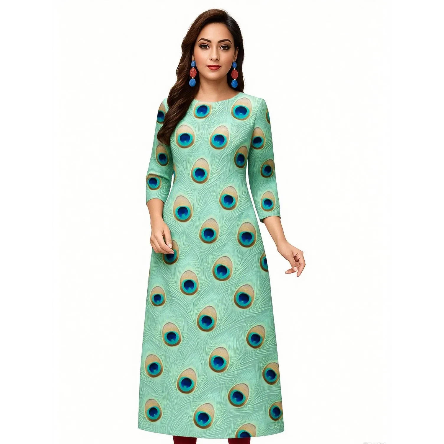 فستان Kurtta نسائي عصري مستقيم أنبوب غير رسمي بفتحة مشرقة وحاشية أنماط الطاووس رداء عربي تقليدي عربي مسلم #3