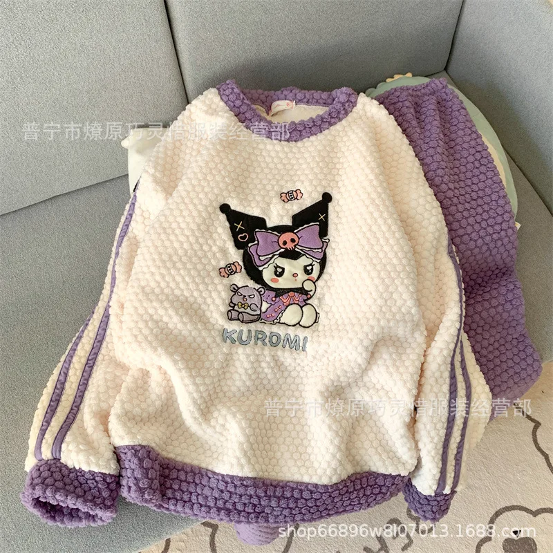 

Sanrio Women Kuromi Plush Pajamas Pants Suit Cute Hello Kitty Anime Kawaii Autumn Winter Warm Coral Fleece Cartoon Homewear