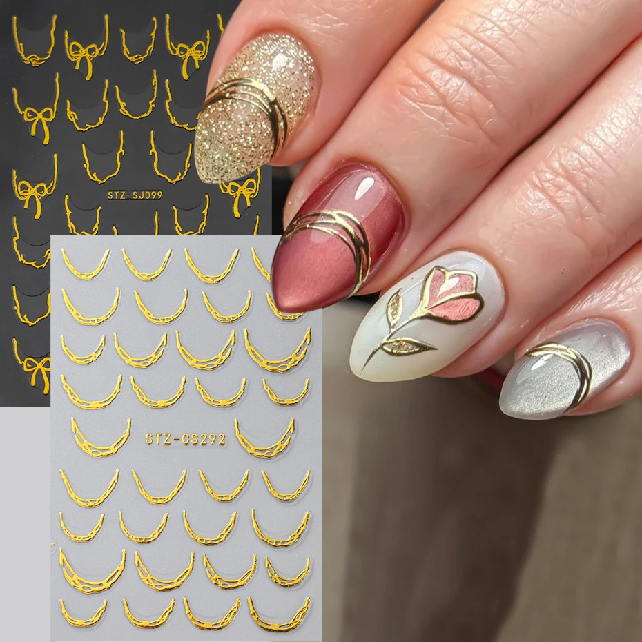 2개 골든 보우 노트 프렌치 라인 네일 스티커 크롬 효과 프렌치 웨이브 셀프 접착 데칼 네일 가을 네일 아트 데코