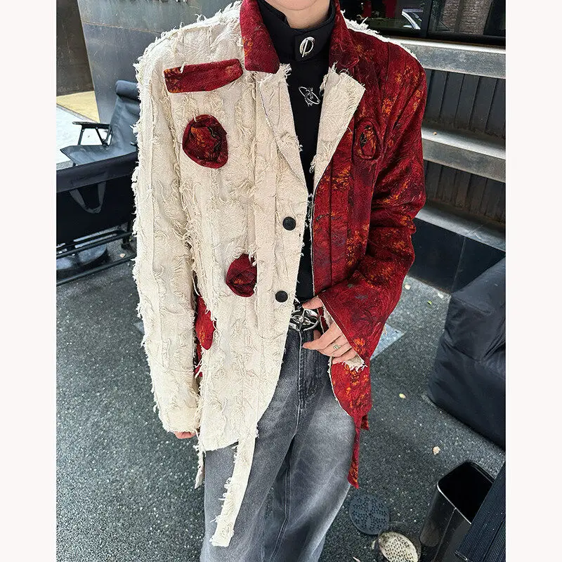 

Красный мужской пиджак ручной работы с узором из роз, в стиле пэчворк, свободного кроя, в китайском ретро-стиле, повседневный, городской, весенняя верхняя одежда