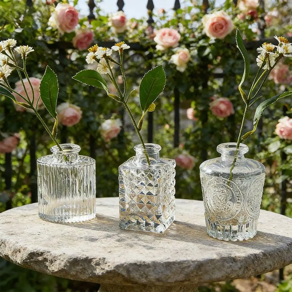 

Transparent Embossed Glass Mini Vases Suitable For Room Decor, Dining Table Center Decor, Shelf Display And Wedding Decoration