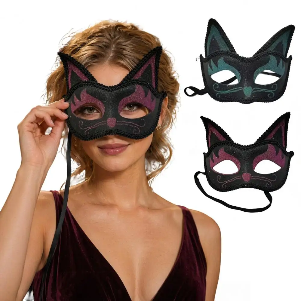 Lightweight Cat Mask,Eye Catching Prom Halloween Glitter Venetian Mask, Rhinestone Cat Ear Mask for Party Costume Cosplay