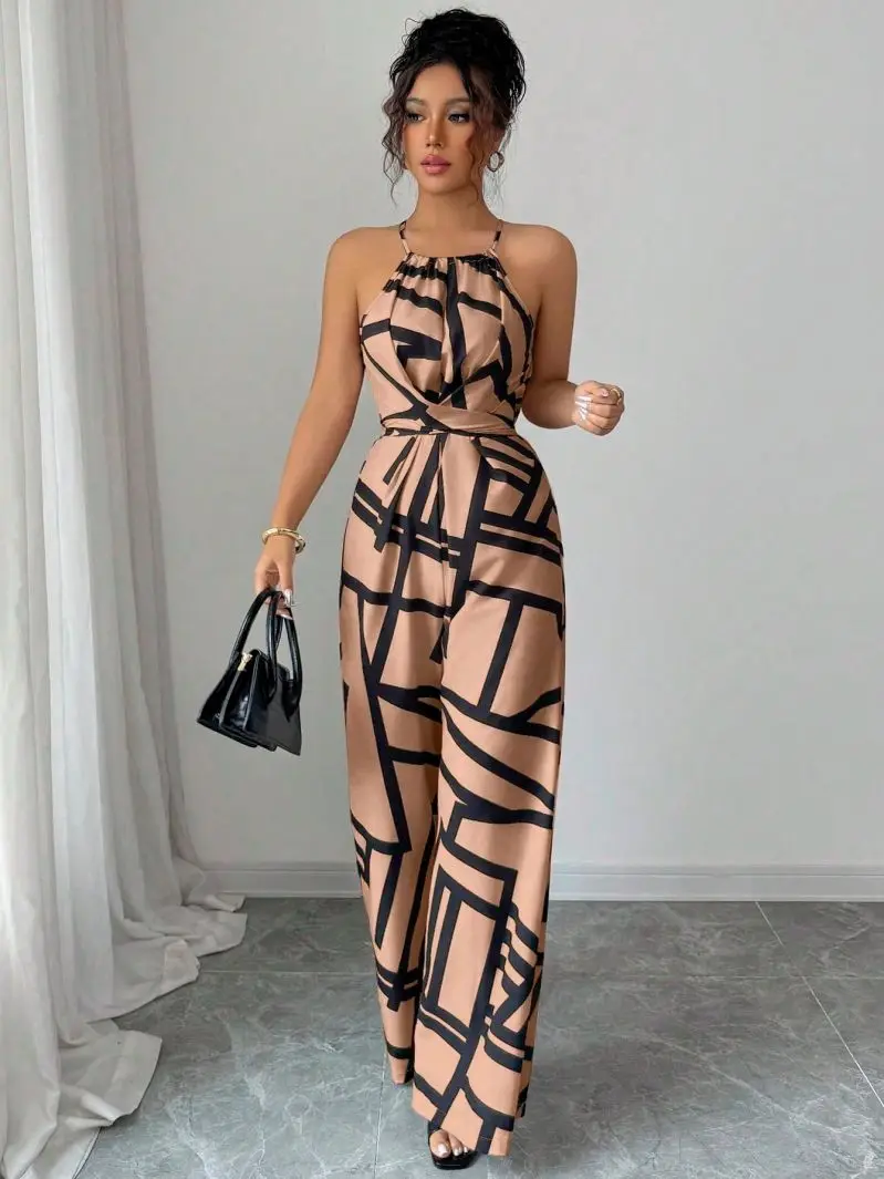 Fashionable Wide Leg Jumpsuit Hanging Neck Waist Design Casual Commuting Outfit Feminine Temperament
