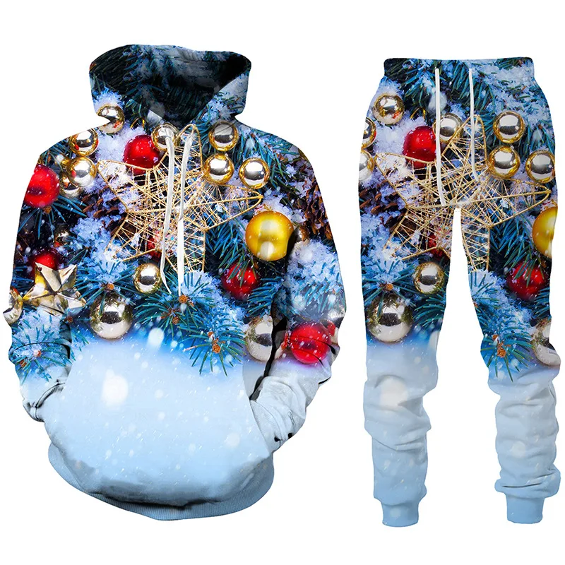 New Year Hoodie Sets Christmas Santa Claus 3D Print Men's/Women's Sweatshirt Pants 2Pcs Outfits Oversized Pullover Kids Clothing