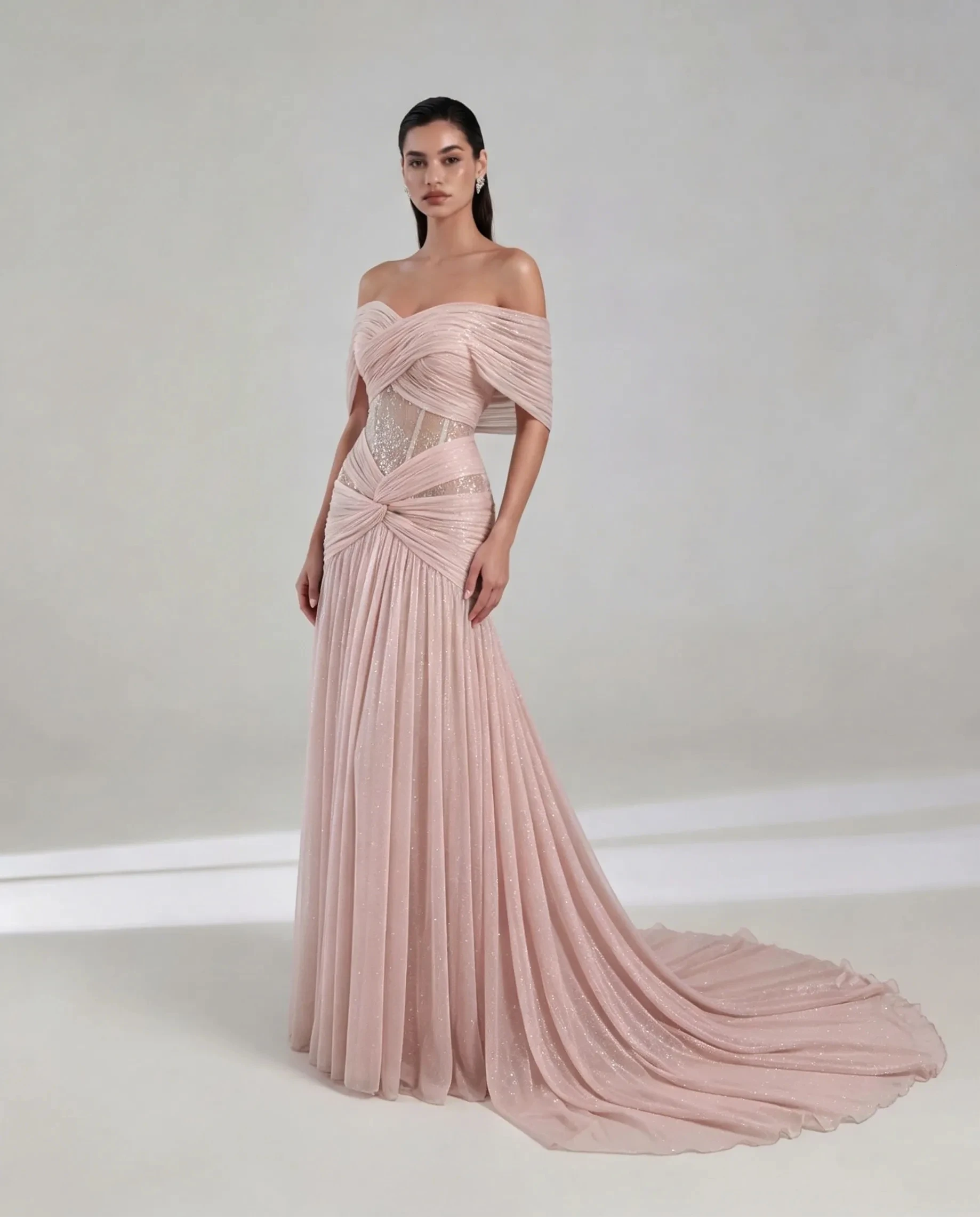 Customized Blush Pink Off‑Shoulder Evening Dress Sheer Corset Glitter Tulle Pleated A‑Line Formal Prom Gown with Train