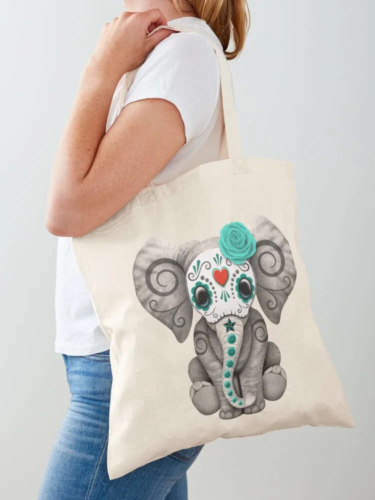 

Teal Blue Day of the Dead Sugar Skull Baby Elephant Tote Bag Large bags for women custom tote bag custom canvas bag Lady bags