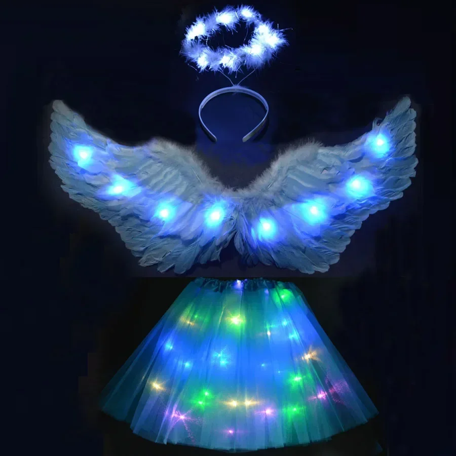 Women Girl Glow Wreath Flower Feather Angel Wing Light Tutu Skirt Halo Party Costume Birthday Christmas Halloween