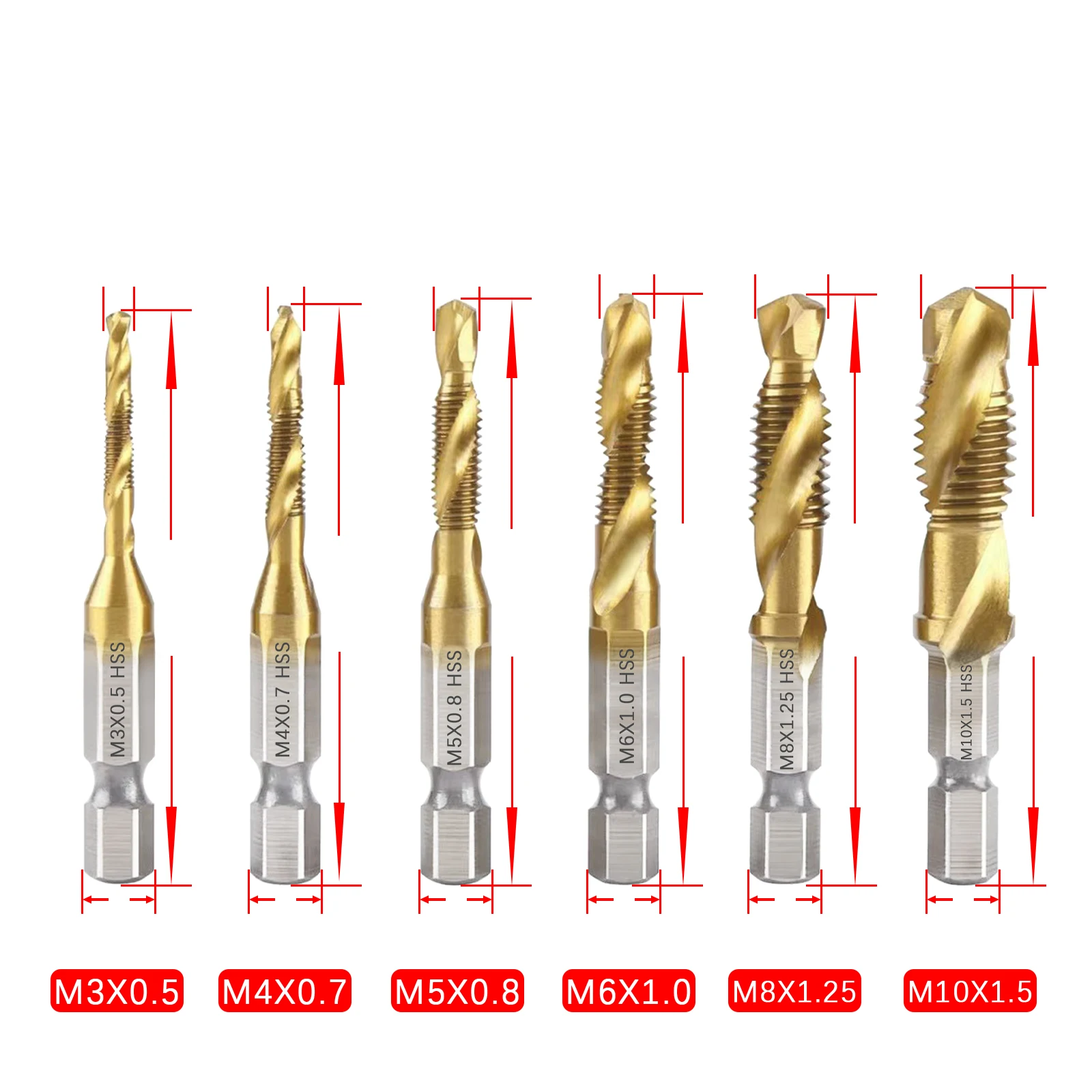 6Pcs HSS-4241 Titanium Coated Screw Tap Drill Bit Set M3 M4 M5 M6 M8 M10 Screw Thread Tools With 1/4\'\' Hex Shank For Metal Wood