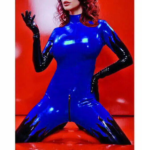 

Latex Catsuit Gummi Club Fetish Schwarz Navy Blau Flamme Zentai Bodysuit 0,4mm