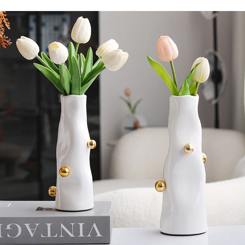 Resin Vase Abstract Golden Ball Art Deco Bead Point Tabletop Ornament Flower Floral Arrangement Accessories Home Decoration