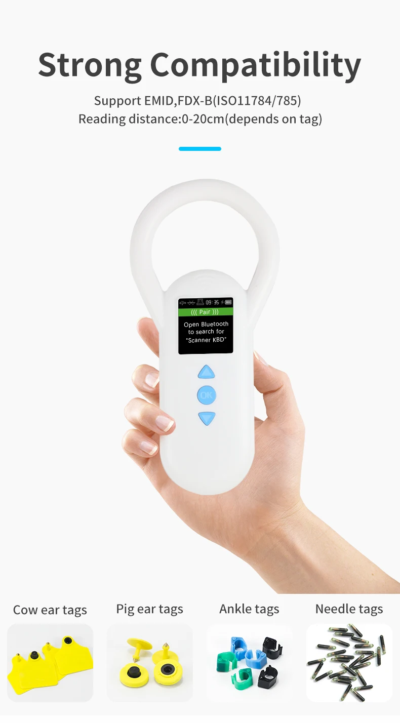 134.2Khz Animal RFID Reader Pet Cat Dog Handheld Microchip Scanner FDX-B Glass Chip USB/Bluetooth Animal Microchip Reader
