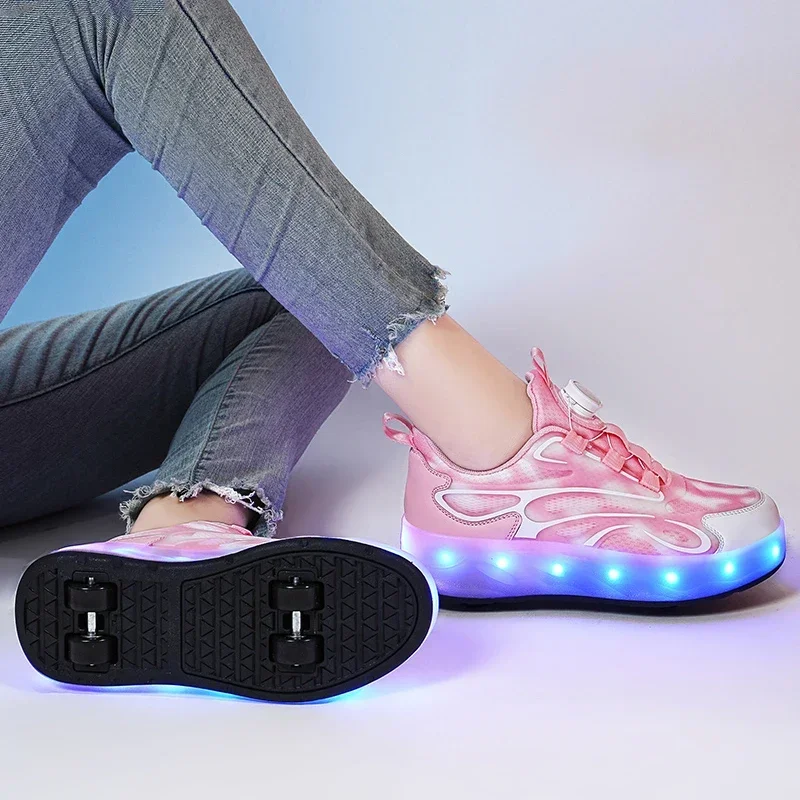 Кроссовки на роликах для мальчиков и девочек, модная повседневная спортивная обувь на 4 колеса, уличные игры, игрушки, подарок, детские ботинки с подсветкой