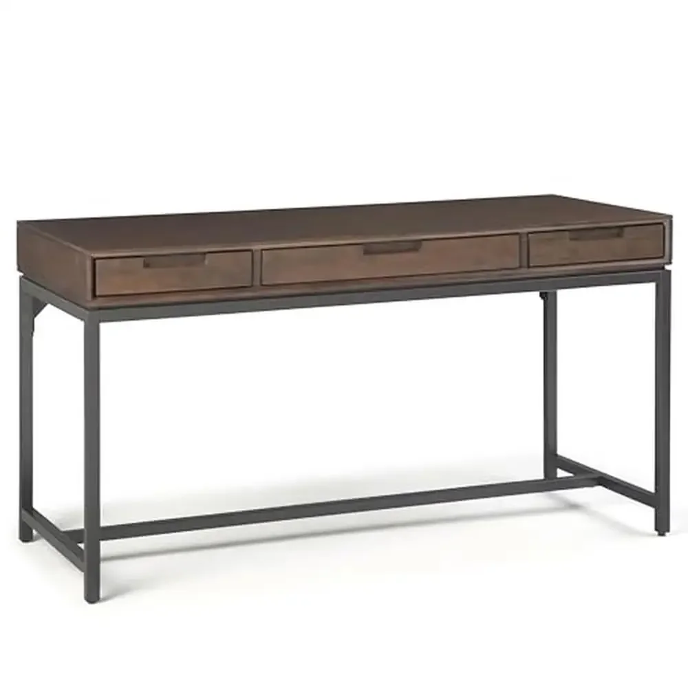 

60" Wide Solid Wood and Metal Writing Desk with Drawers Walnut Brown Home Office Table by Simpli Home