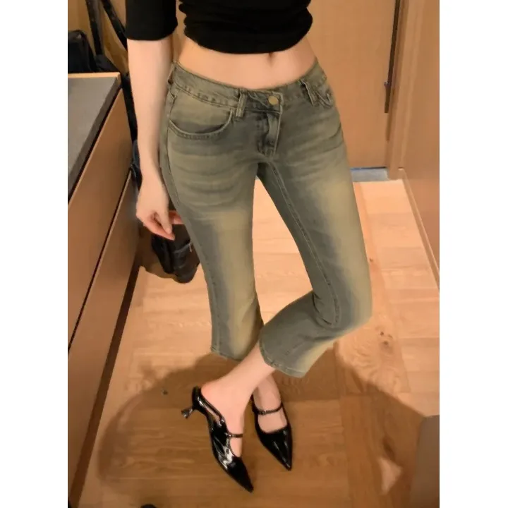 High Waist Slim Fit Nine-Tenths Denim Jeans Retro Washed Elasticity Enhanced Hip Women's Premium Fashion Jeans Casual Outdoor