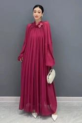 Elegant Vintage O Neck Wine Red Tie Flowers Folds Loose Long Dresses For Women Summer New Fashion Long Sleeve Dress Wholesale