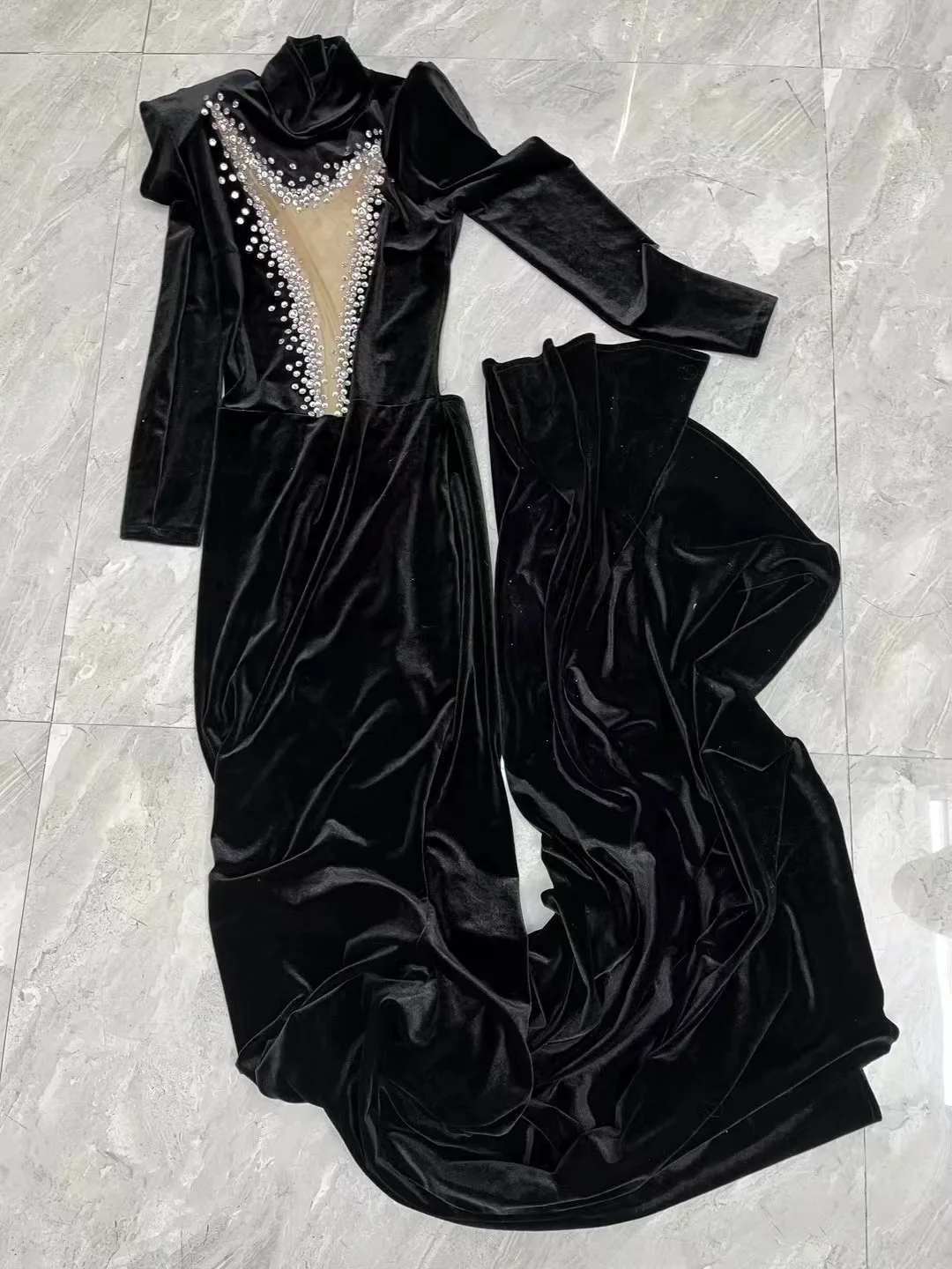 Sexy Stage Evening Black Velvet Silver Rhinestones Big Train Dress Crystals Outfit Nightclub Birthday Party Gowns Collections