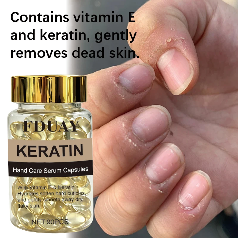 Keratin Hand Care Serum Capsules Vitamin E Cuticle Softener Hangnail Tamer Dry Flaky Skin Hydrator Silky Non-Sticky Hands