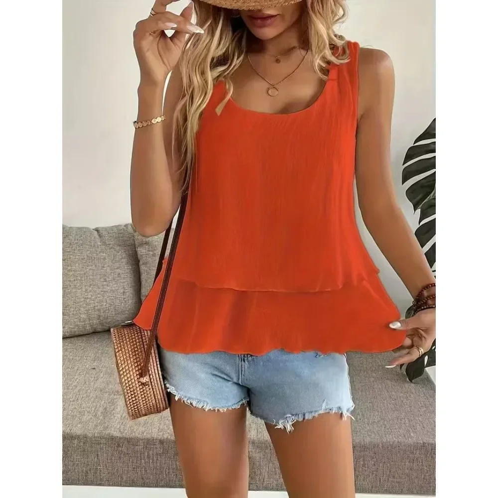 Women Hot Sale Solid Semi Sheer Round Neck Double Layer Mesh Sleeveless Tank Top Summer Casual Ladies Vest