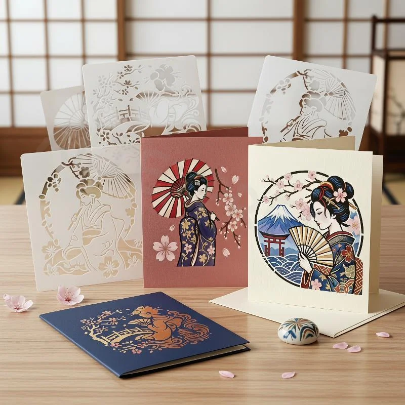 4Pcs Japanese Mount Fuji Painting Stencils Reusable Geisha Cherry Blossom Patterns for Fabric Clothing DIY Customization