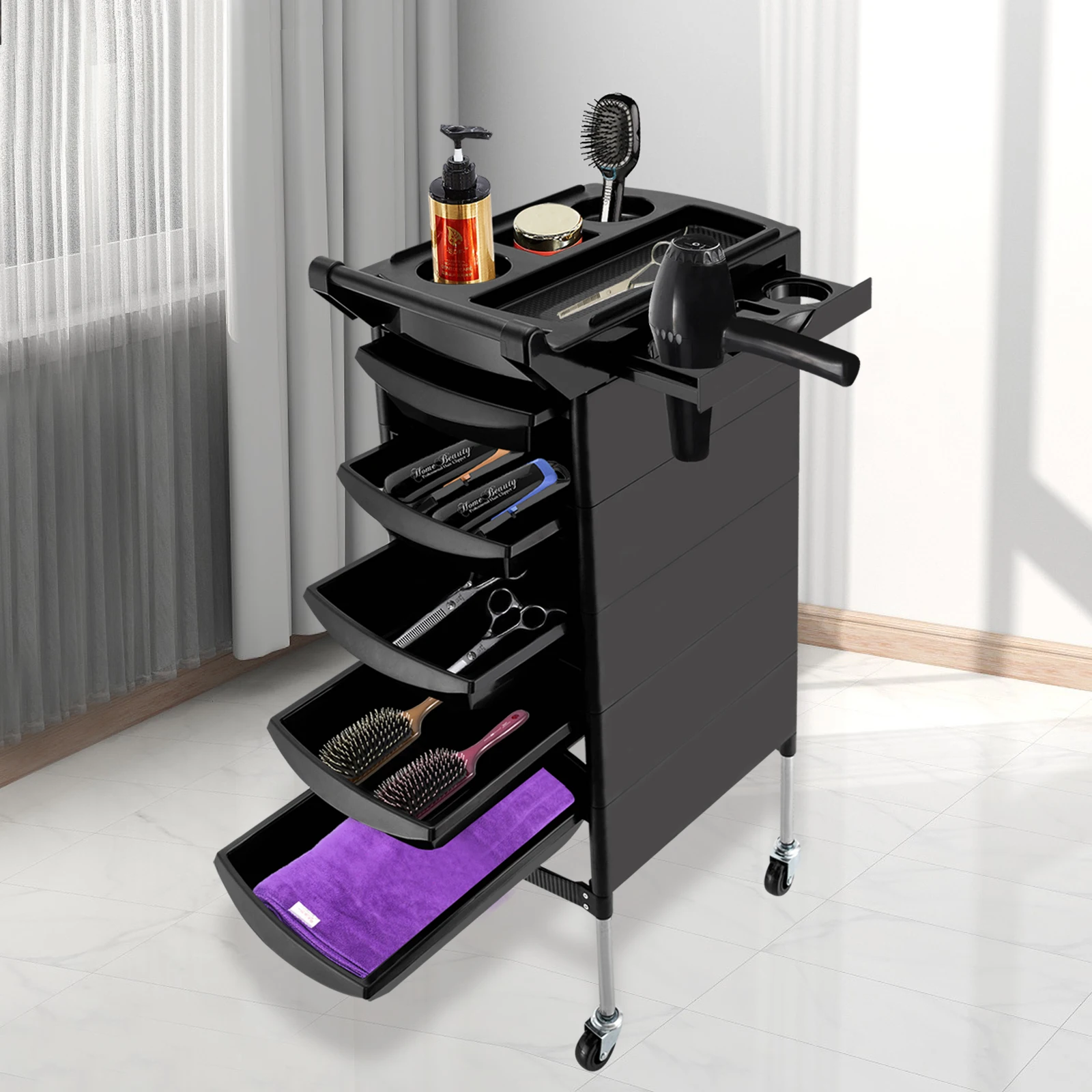 Salon Trolley, with Handle and Rolling Wheels, 5 Drawers and 2 Hair Dryer Holder Side Tray, Black